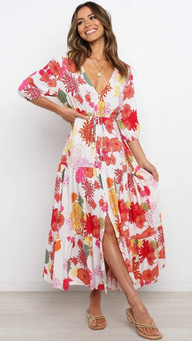 Rose Print Withdraw Midi Dress