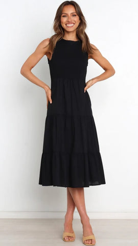 Black Tiered Sleeveless Midi Dress