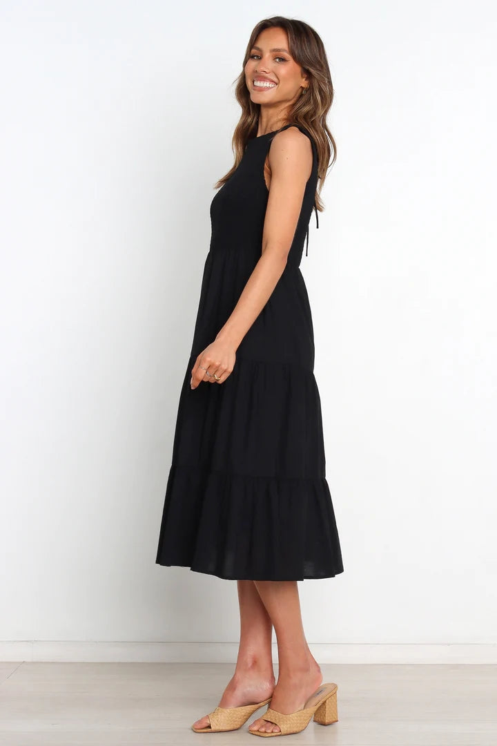 Black Tiered Sleeveless Midi Dress