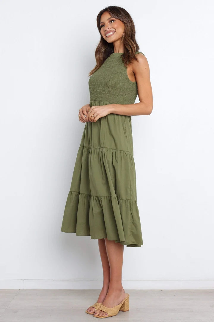 Olive Green Tiered Sleeveless Midi Dress