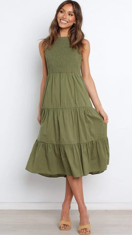 Olive Green Tiered Sleeveless Midi Dress