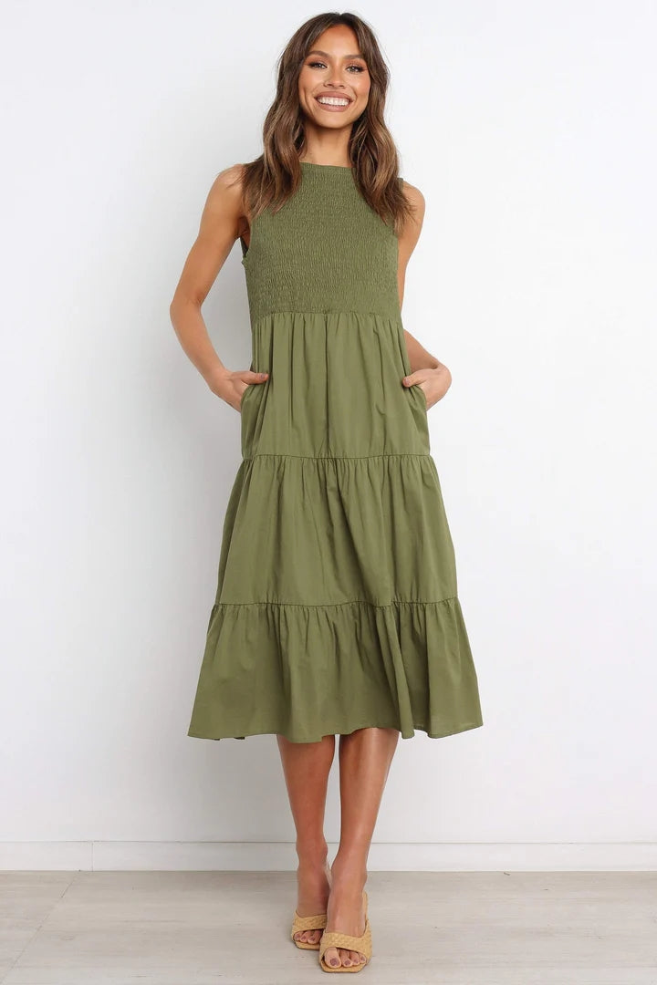 Olive Green Tiered Sleeveless Midi Dress