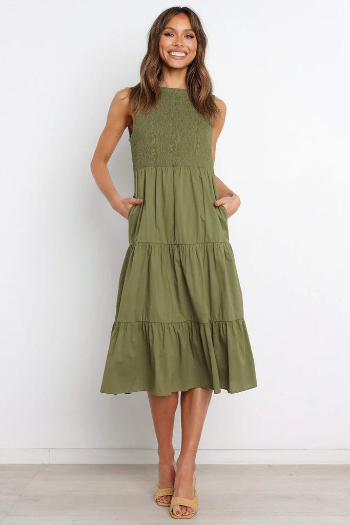 Olive Green Tiered Sleeveless Midi Dress Gabi Swimwear Olive Green Tiered Sleeveless Midi Dress Gabi Swimwear