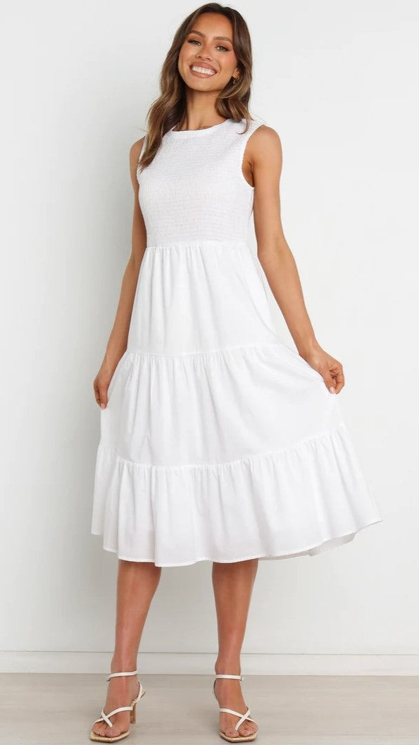 White Tiered Sleeveless Midi Dress