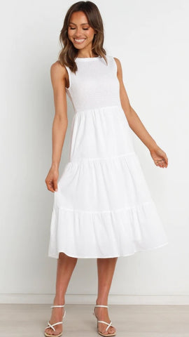 White Tiered Sleeveless Midi Dress