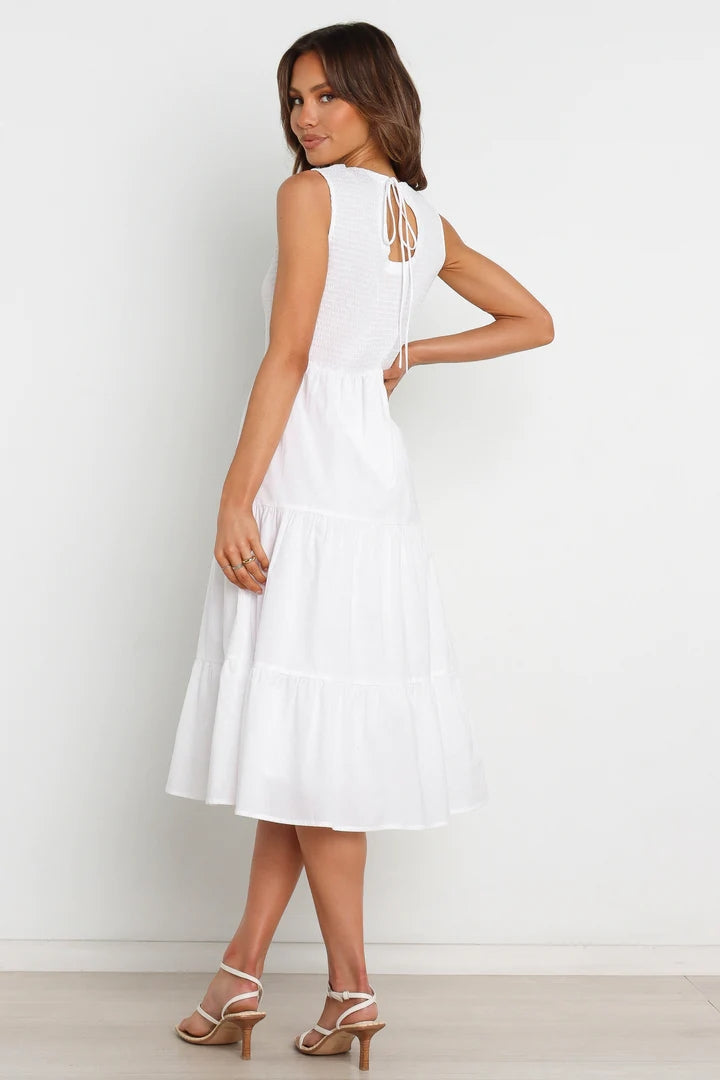 White Tiered Sleeveless Midi Dress