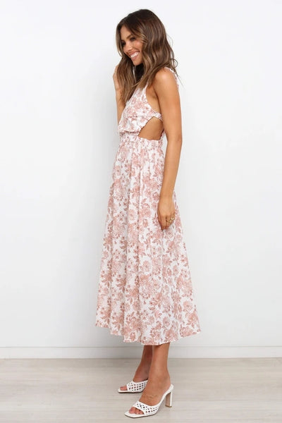 Beige Floral Backless Maxi Dress