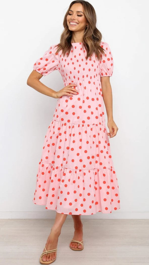Pink Polka Dot Print Midi Dress