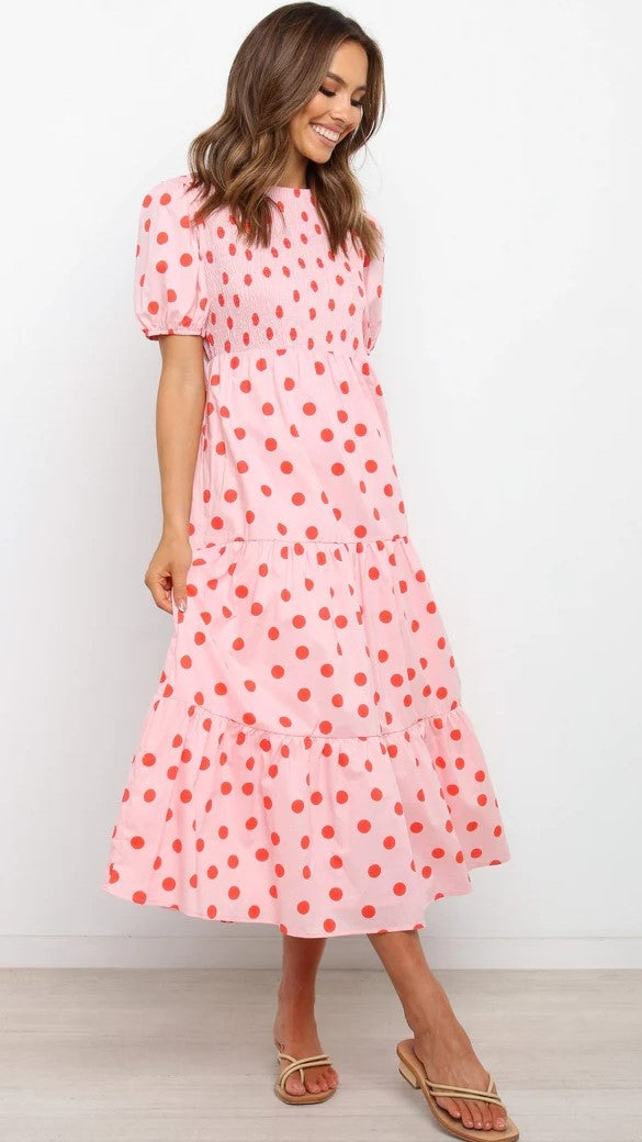 Pink Polka Dot Print Midi Dress