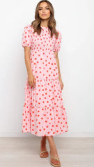 Pink Polka Dot Print Midi Dress