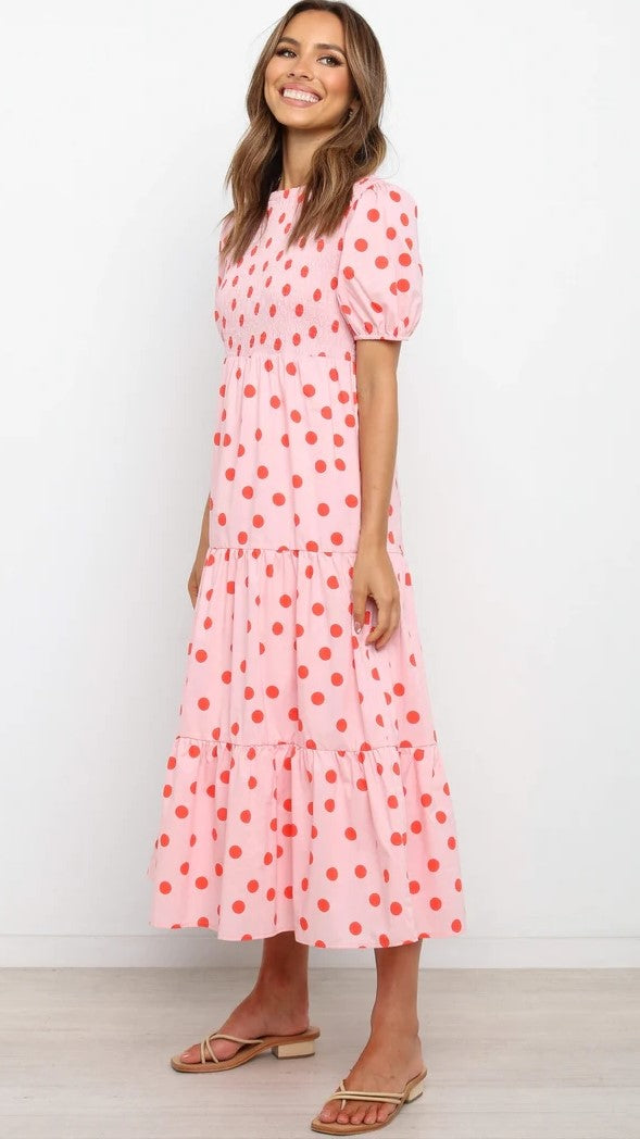 Pink Polka Dot Print Midi Dress