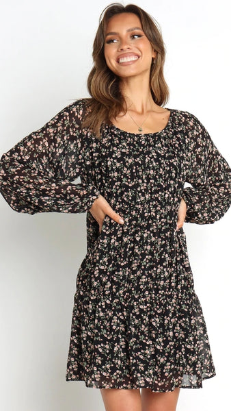 Black Floral Long Sleeves Mini Dress