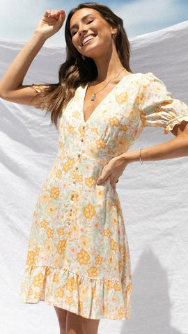 Yellow Sunflower Print Mini Dress