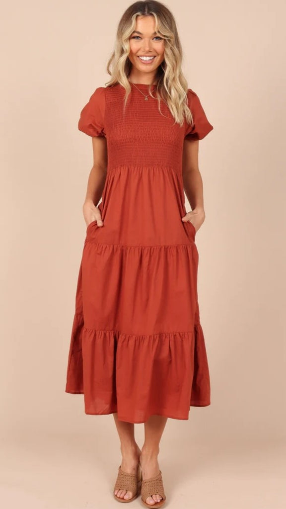 Brown Tiered Short Sleeves Midi Dress Gabi Swimwear Brown Tiered Short Sleeves Midi Dress Gabi Swimwear