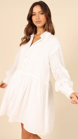 White Solid Button Down Shirt Dress