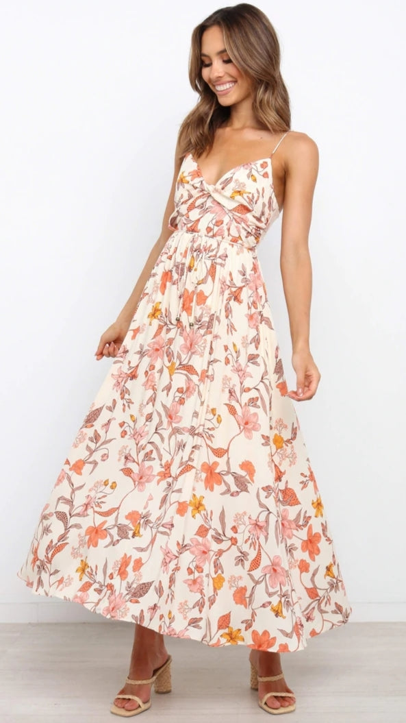 Orange Floral Twist Slip Midi Dress