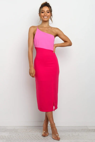 Hot Pink Color Block Slit Dress