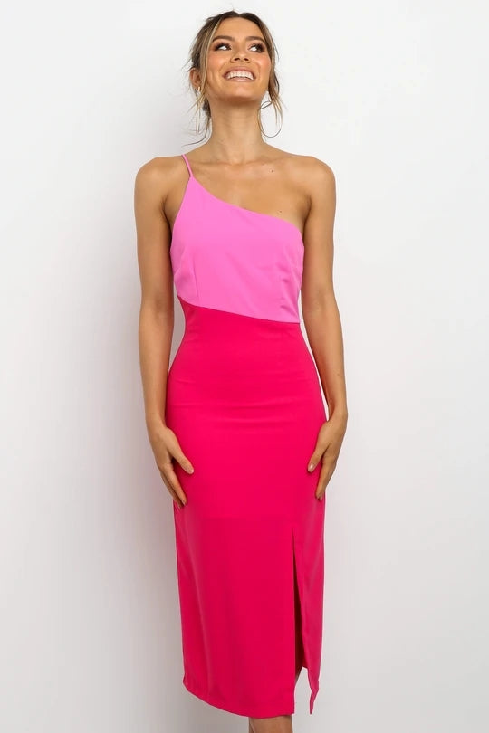 Hot Pink Color Block Slit Dress