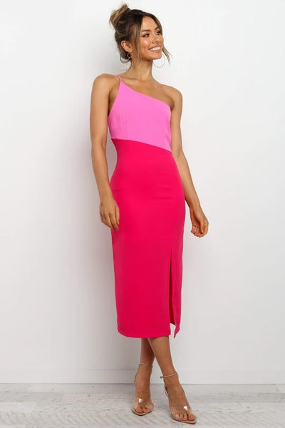 Hot Pink Color Block Slit Dress