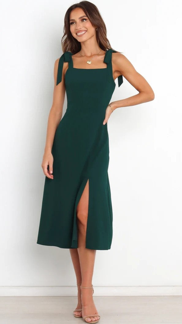 Olive Green Shoulder-Tie Midi Dress