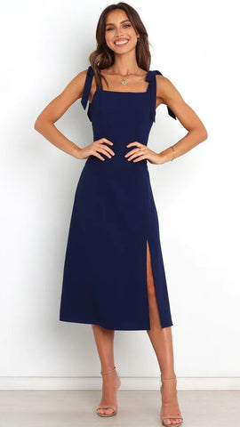 Navy Shoulder-Tie Midi Dress