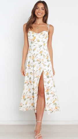 Yellow Floral Foliage Print Slip Dress