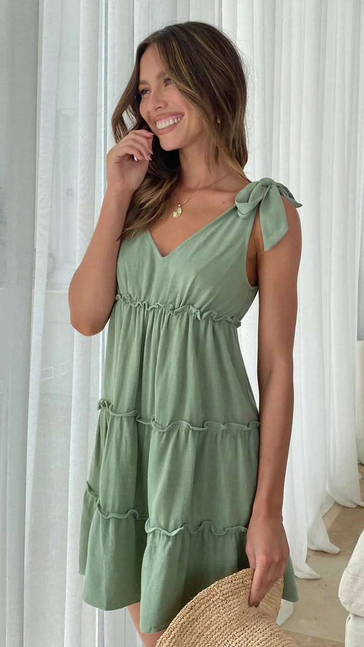 Olive Shoulder Tie Tiered Mini Dress